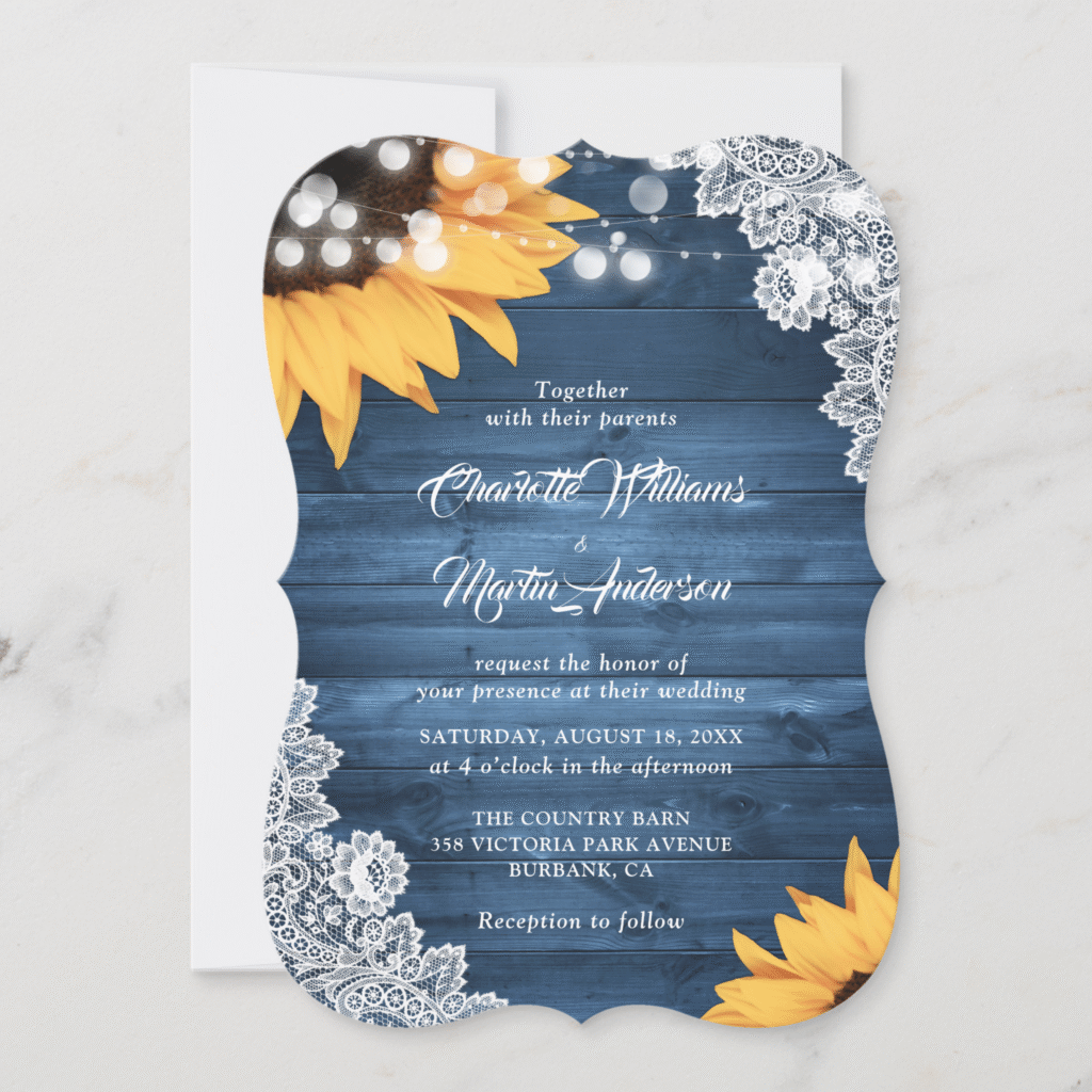 Dusty Blue Wood Floral Lace Sunflower Wedding Invitation (Front)