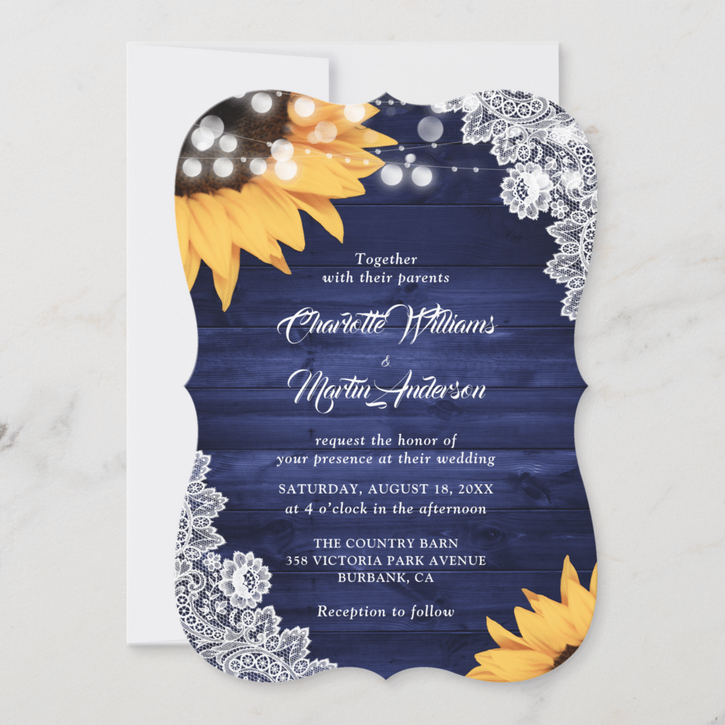 Elegant Navy Blue Sunflower Wood Lace Wedding Invitation (Front)