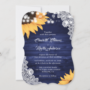 Elegant Navy Blue Sunflower Wood Lace Wedding Invitation (Front)