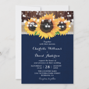 Navy Blue Rustic Sunflower Burlap Lace Barn Wood Wedding Invitation (Front)