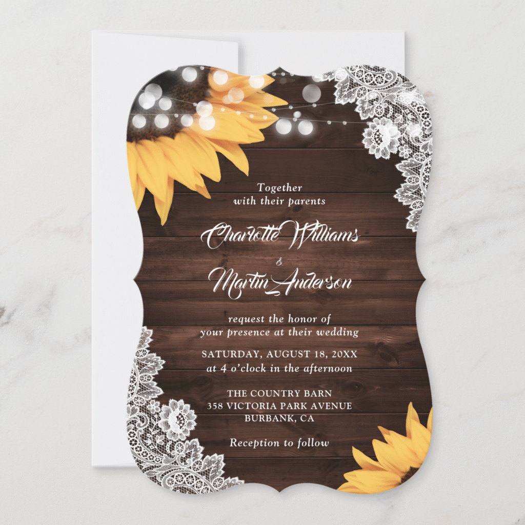 Country Sunflower Barn Wood String Lights Floral Lace Wedding Invitation