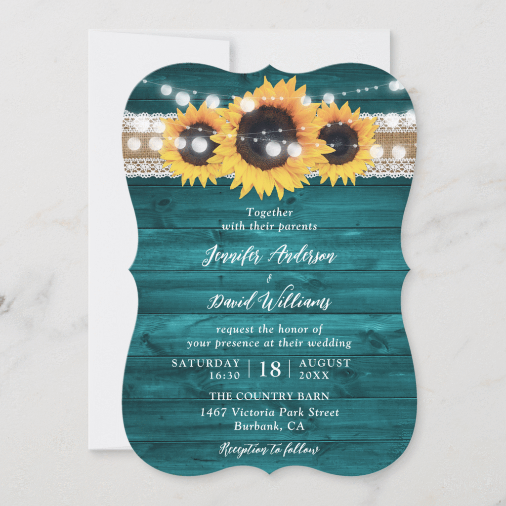 Teal Sunflower Wood Burlap Lace String Lights Wedding Invitation (Front)