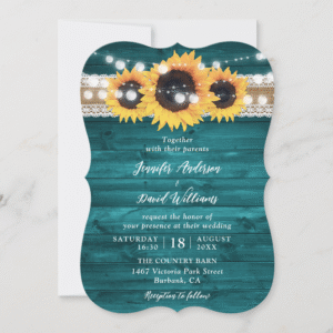 Teal Sunflower Wood Burlap Lace String Lights Wedding Invitation (Front)