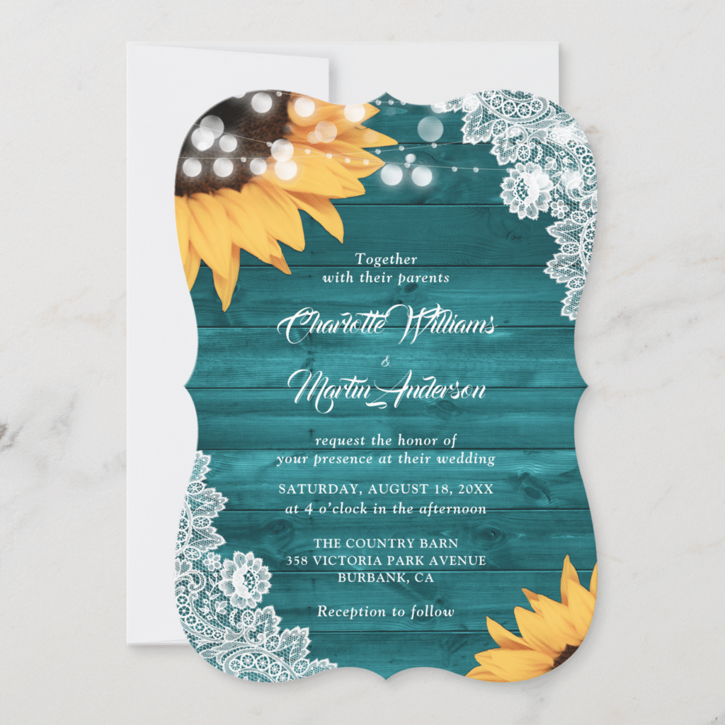 Teal Wood Floral Lace Sunflower Wedding Invitation (Front)